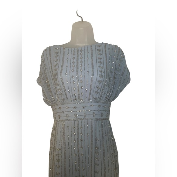 Mac Duggal 93649 Blue Beaded Midi Dress Empire Waist Cap Sleeve Size 2 NWT - Picture 3 of 6